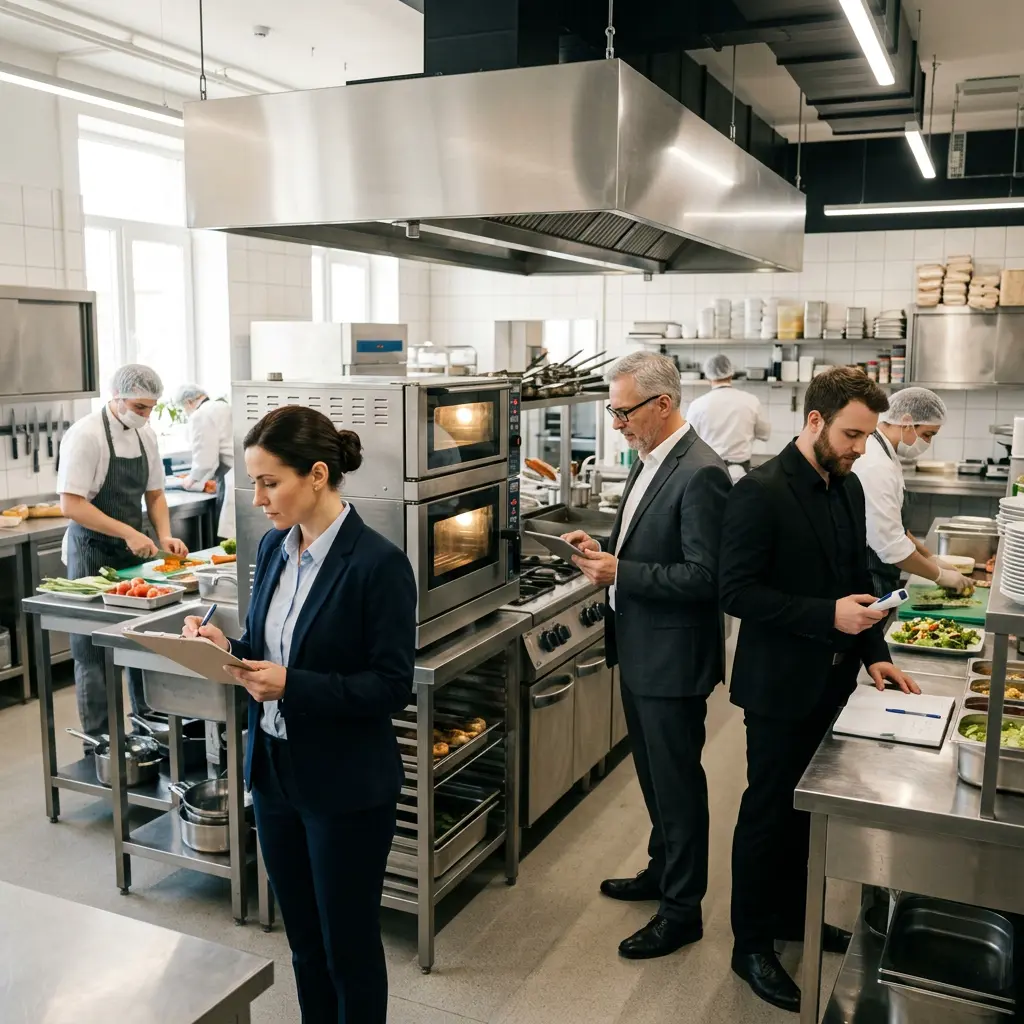 Food safety professionals observing commercial kitchen operations