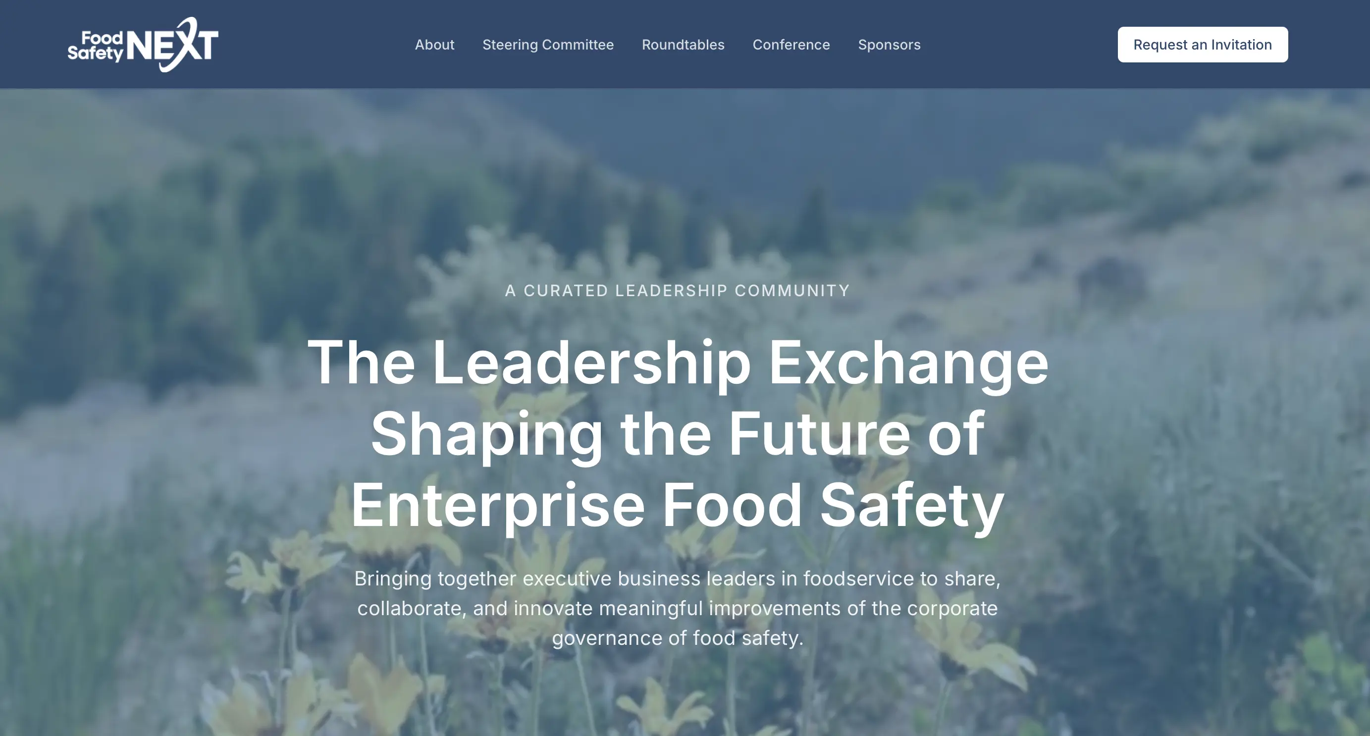FoodSafetyNEXT website screenshot showing The Leadership Exchange Shaping the Future of Enterprise Food Safety